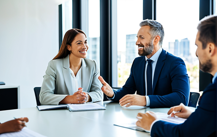 A diverse group of professionals, including a male and a female procurement specialist, fully clothed in modest business suits and professional dress, seated around a sleek conference table in a sunlit, modern office. They are engaged in an open, collaborative discussion, with subtle gestures indicating active listening and mutual understanding. The atmosphere is one of trust and strategic partnership, reflecting long-term supplier relationships. The background features blurred city views and contemporary office decor. Safe for work, appropriate content, fully clothed, professional, perfect anatomy, correct proportions, natural pose, well-formed hands, proper finger count, natural body proportions, high-quality photography.