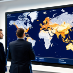 A diverse group of professional supply chain managers in modern, modest business suits, gathered around a large interactive screen in a high-tech logistics control center. The screen displays a complex global map with interconnected routes, some showing subtle indications of disruption like a red alert or a paused ship icon, emphasizing resilience and adaptability. The atmosphere is focused and analytical. Professional photography, high-resolution, sharp focus, vibrant lighting. fully clothed, appropriate attire, modest clothing, safe for work, appropriate content, professional, perfect anatomy, correct proportions, natural pose, well-formed hands, proper finger count, natural body proportions.